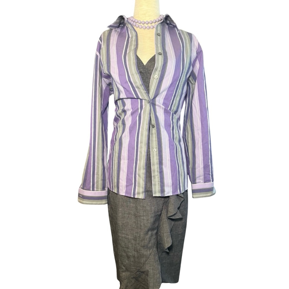 Foxcroft Purple Grey Striped Cotton Button Down Tailored‎ Office Shirt Spring